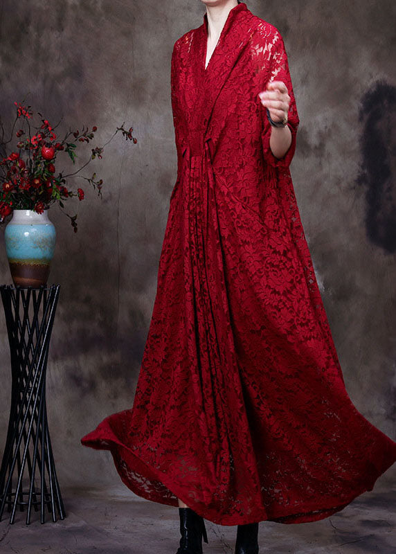 Red Lace Maxi Dresses Hollow Out Long Sleeve