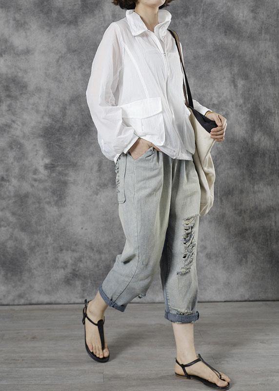 Italian White Loose Pockets Fall Tops Long Sleeve