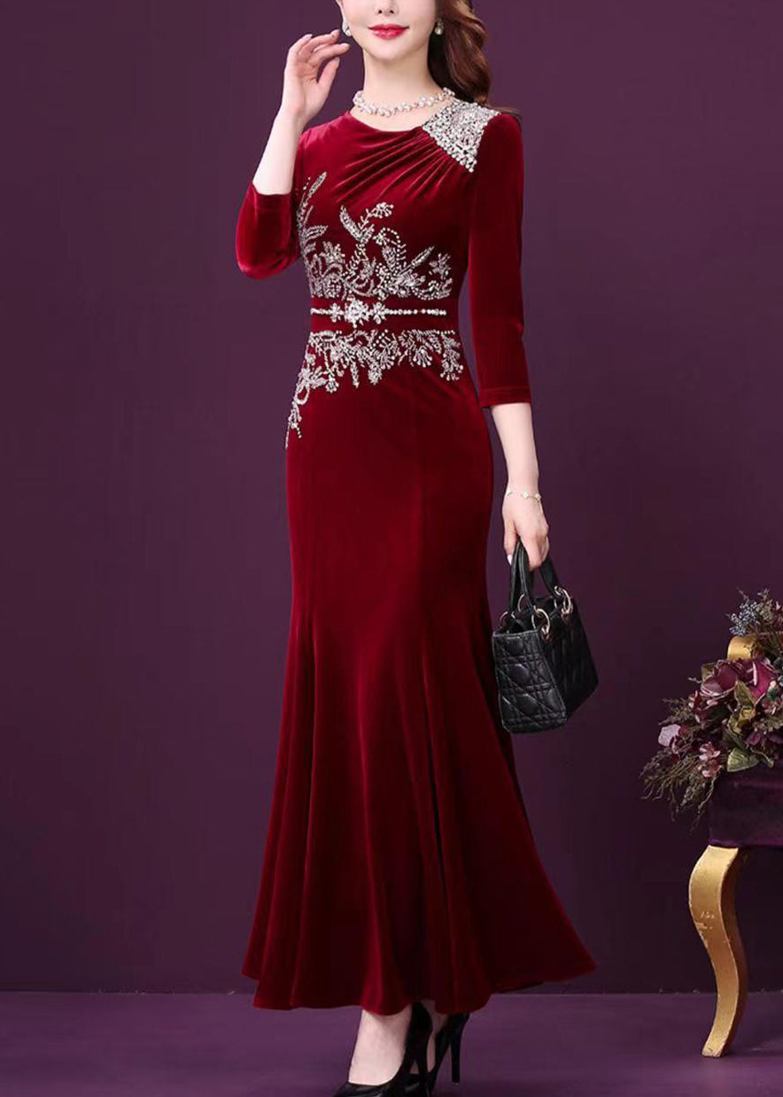 Wine Red Zircon Patchwork Silk Velour Fishtail Skirt Dress Half Sleeve