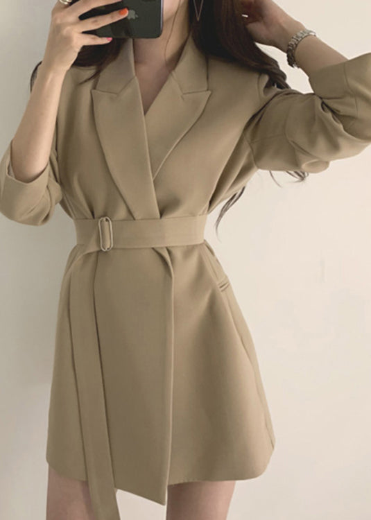 Khaki Peter Pan Collar Pockets Coat Long Sleeve