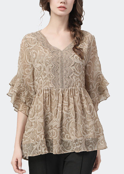 Khaki V Neck Lace Patchwork Wrinkled Tops Petal Sleeve
