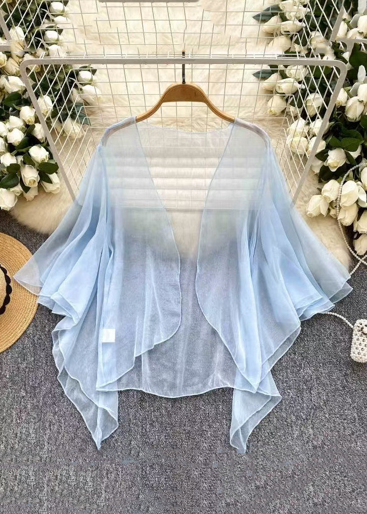 Simple Blue V Neck Tulle Cardigan Summer