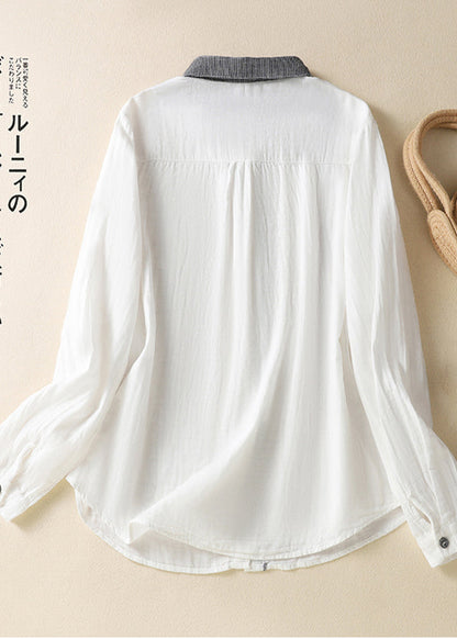 White Peter Pan Collar Patchwork Linen Shirt Top Spring