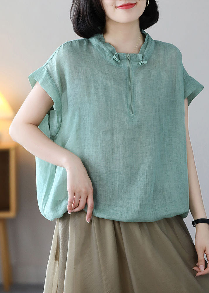 Green Zip Up Drawstring Cotton Sweatshirts Top Short Sleeve