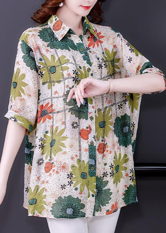 Green Peter Pan Collar Print Silk Top Short Sleeve