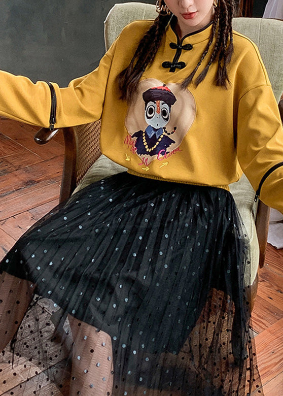 Yellow Stand Collar Print Button Sweatshirt Long Sleeve
