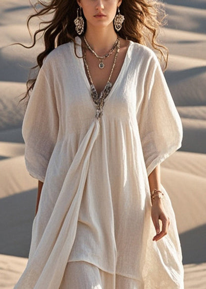 White Cotton Maxi Dresses Asymmetrical Bracelet Sleeve Summer