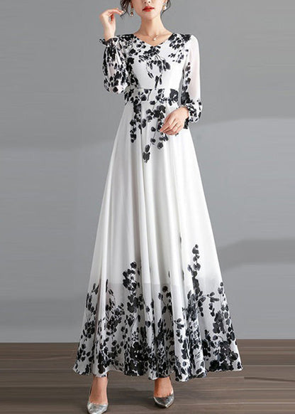 Diy Red O-neck Print Tunic Chiffon Holiday Long Dresses Long Sleeve