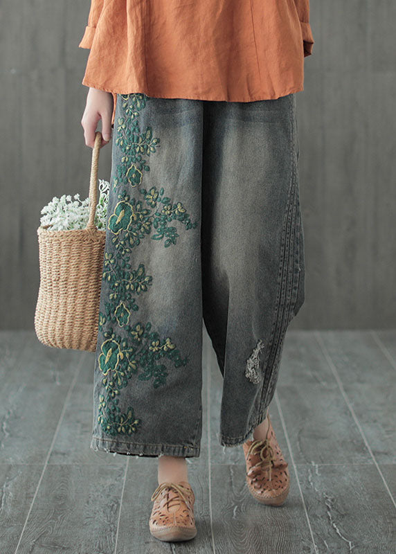 Blue Embroideried Cotton Ripped Jeans Pants Fall