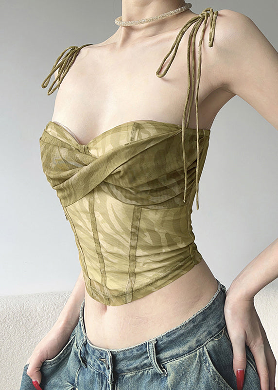 Green Cold Shoulder Tulle Spaghetti Strap Short Vest Sleeveless