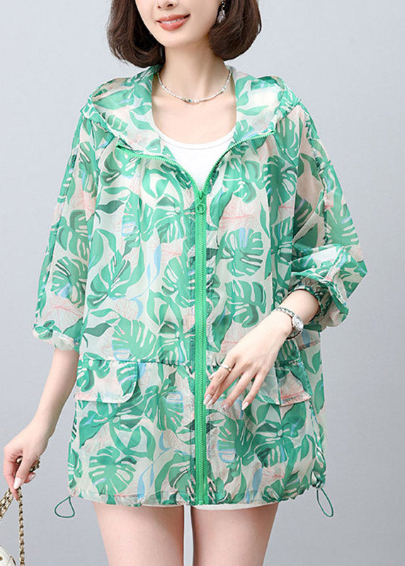 New Green Print Hooded Upf 50+ Coat Jacket Spring