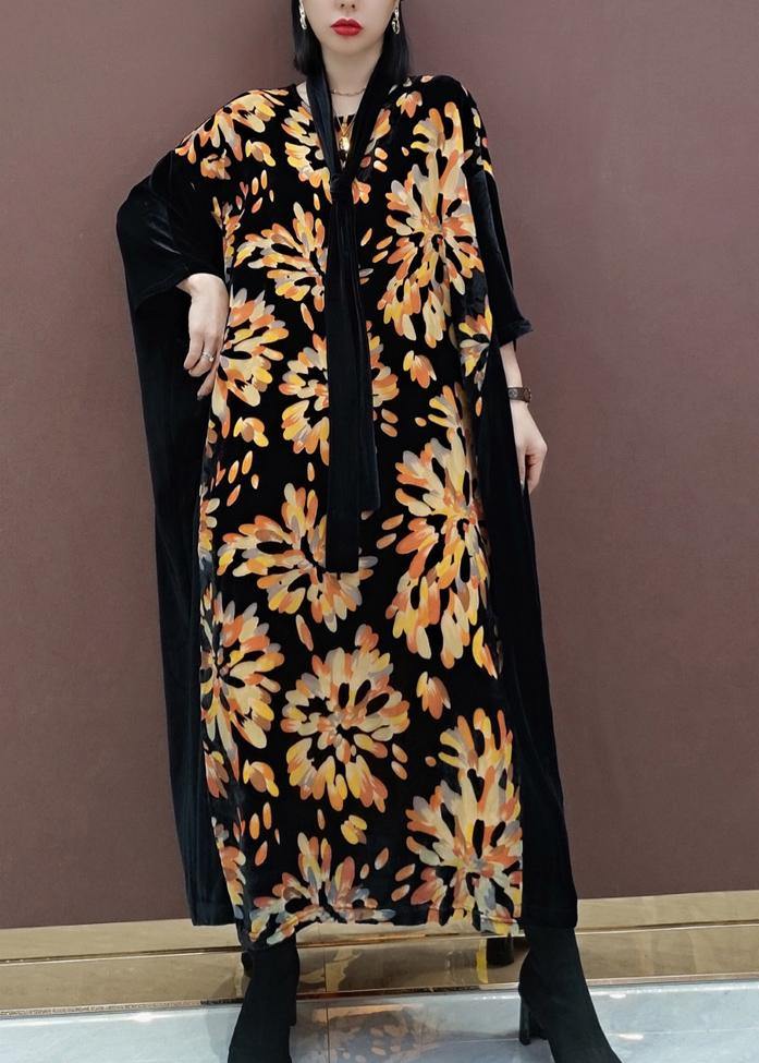 Natural V Neck Patchwork Spring Tunics for Fabrics Black Print Kaftan Dress