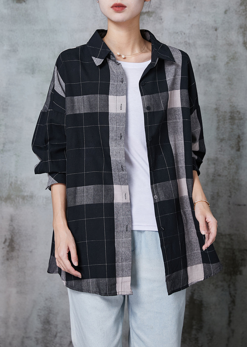 Black Oversized Plaid Cotton Shirt Tops Spring