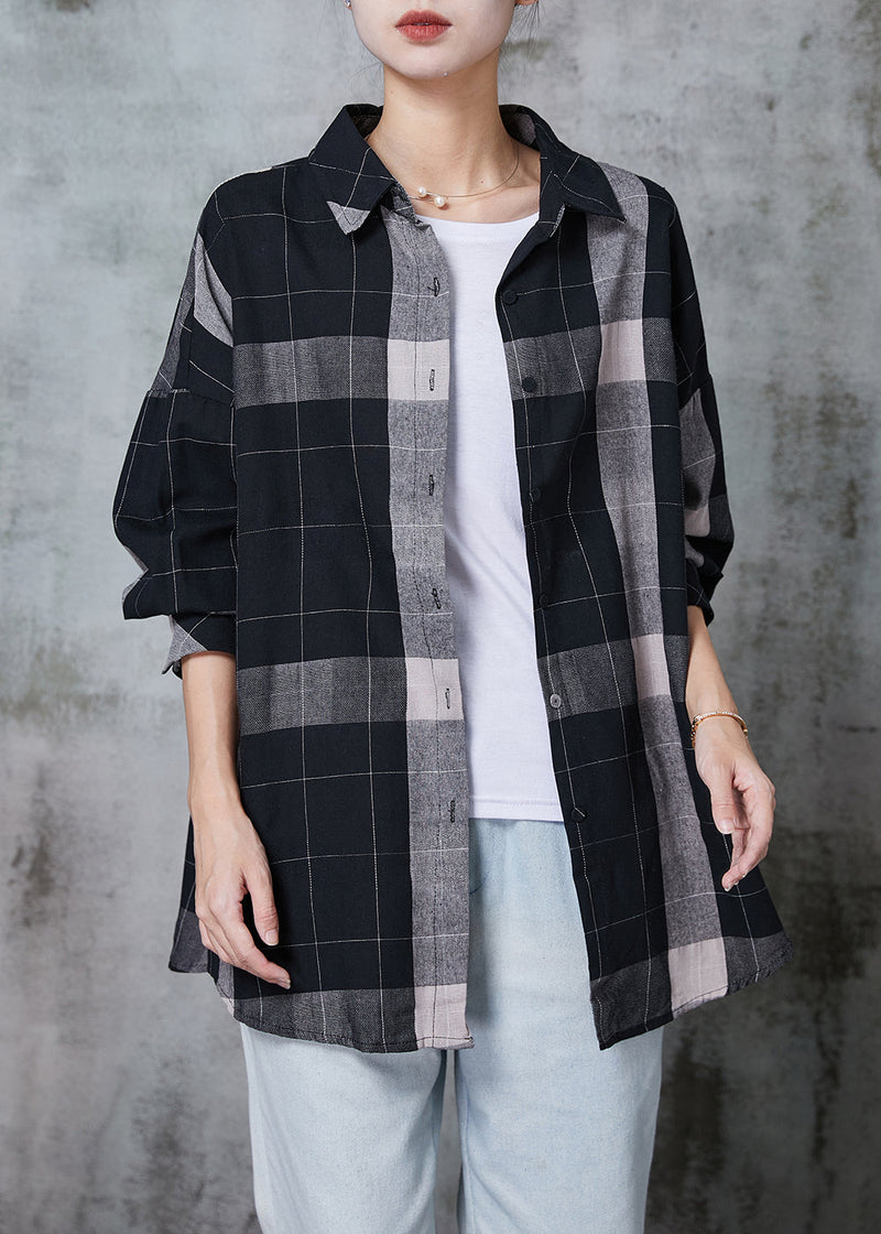Black Oversized Plaid Cotton Shirt Tops Spring