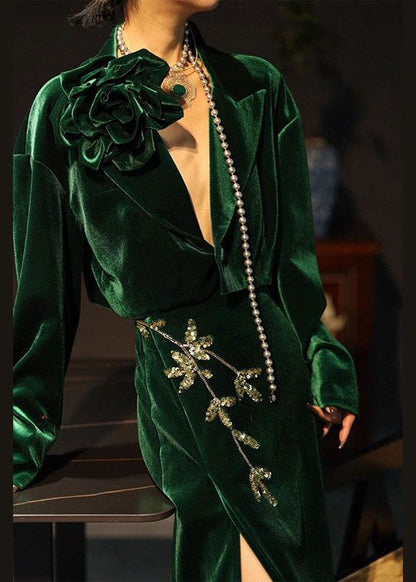Chinese Style Green Sequins Side Open Velour Two Pieces Set Fall