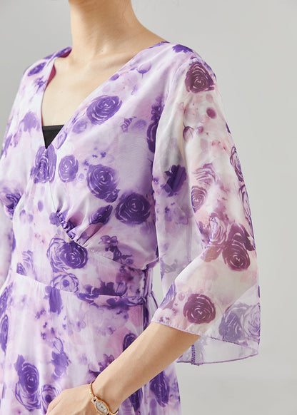 Purple Print Exra Large Hem Chiffon Long Dresses Summer