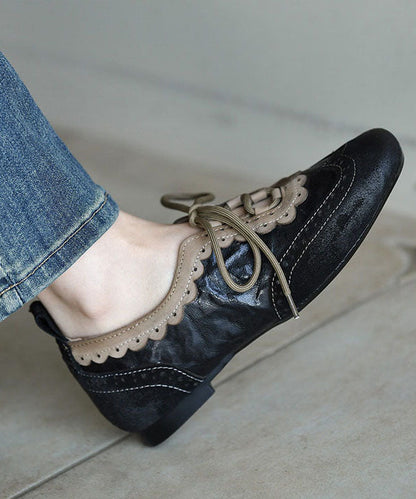 Black Sheepskin Lace Up Splicing Loafers
