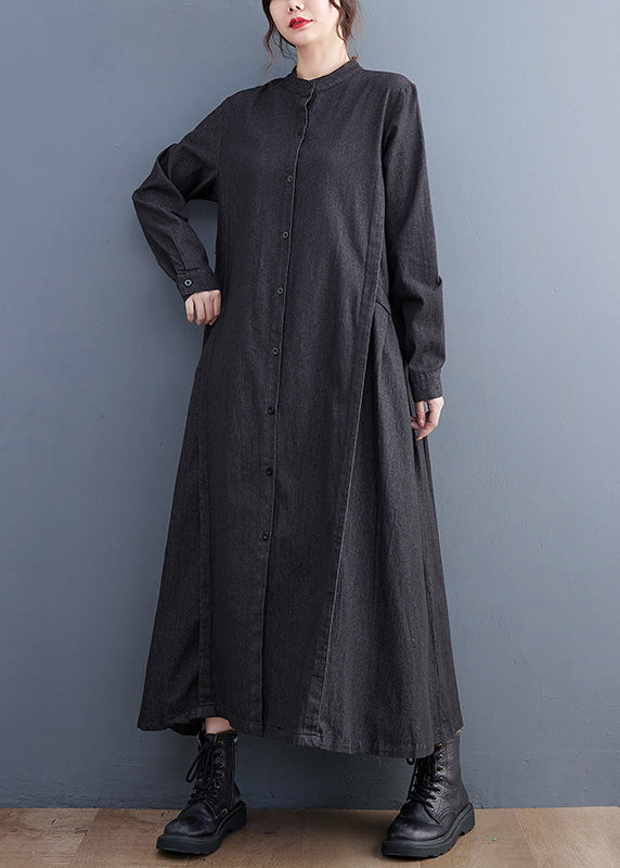 Denim Black Stand Collar Patchwork Wrinkled Button Ankle Shirts Dress Long Sleeve