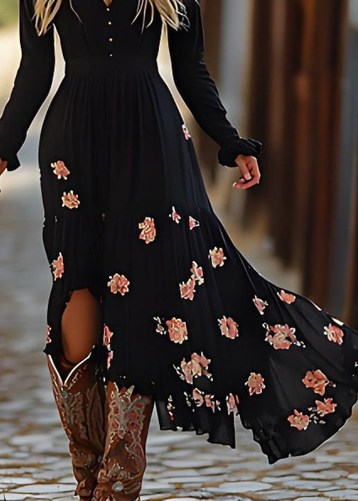Black Wrinkled Print Cotton Maxi Dresses Spring