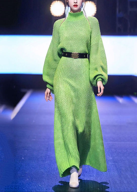 Green Turtleneck Sashes Cotton Knit Knit Sweater Dress Winter