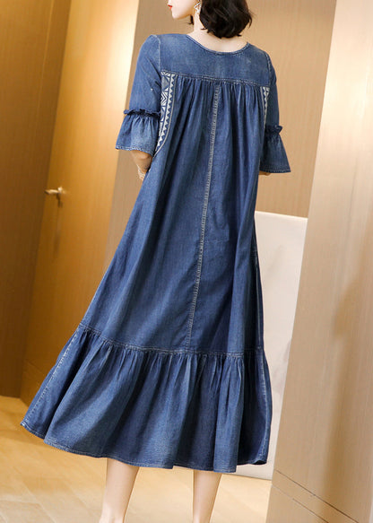 Fitted Blue O-neck Wrinkled Embroideried Cotton Denim Dress Short Sleeve