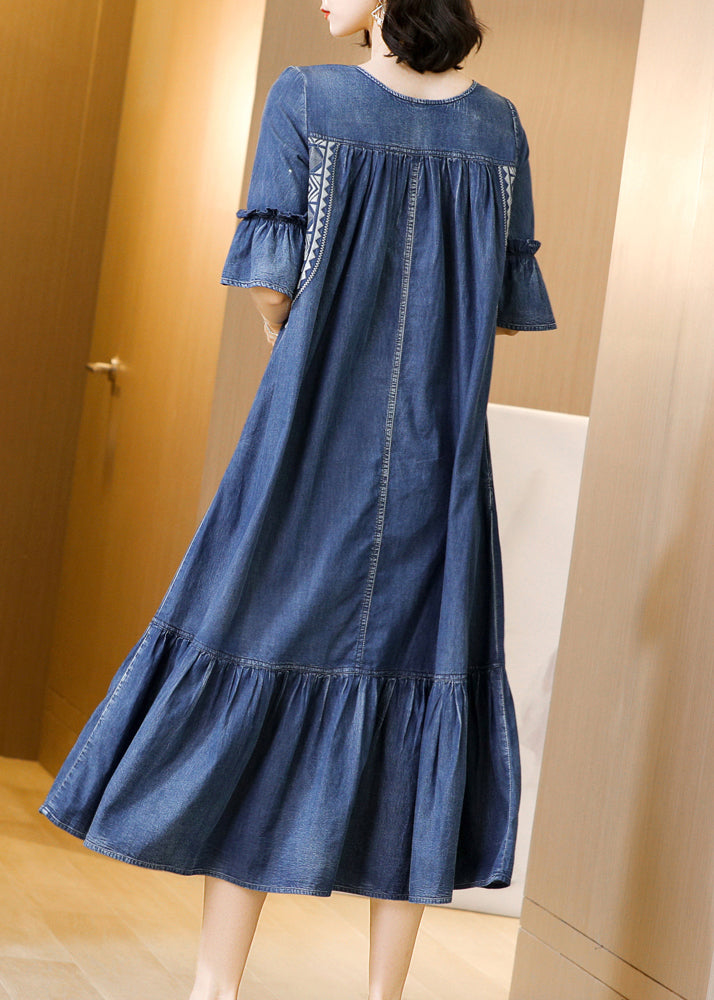 Fitted Blue O-neck Wrinkled Embroideried Cotton Denim Dress Short Sleeve