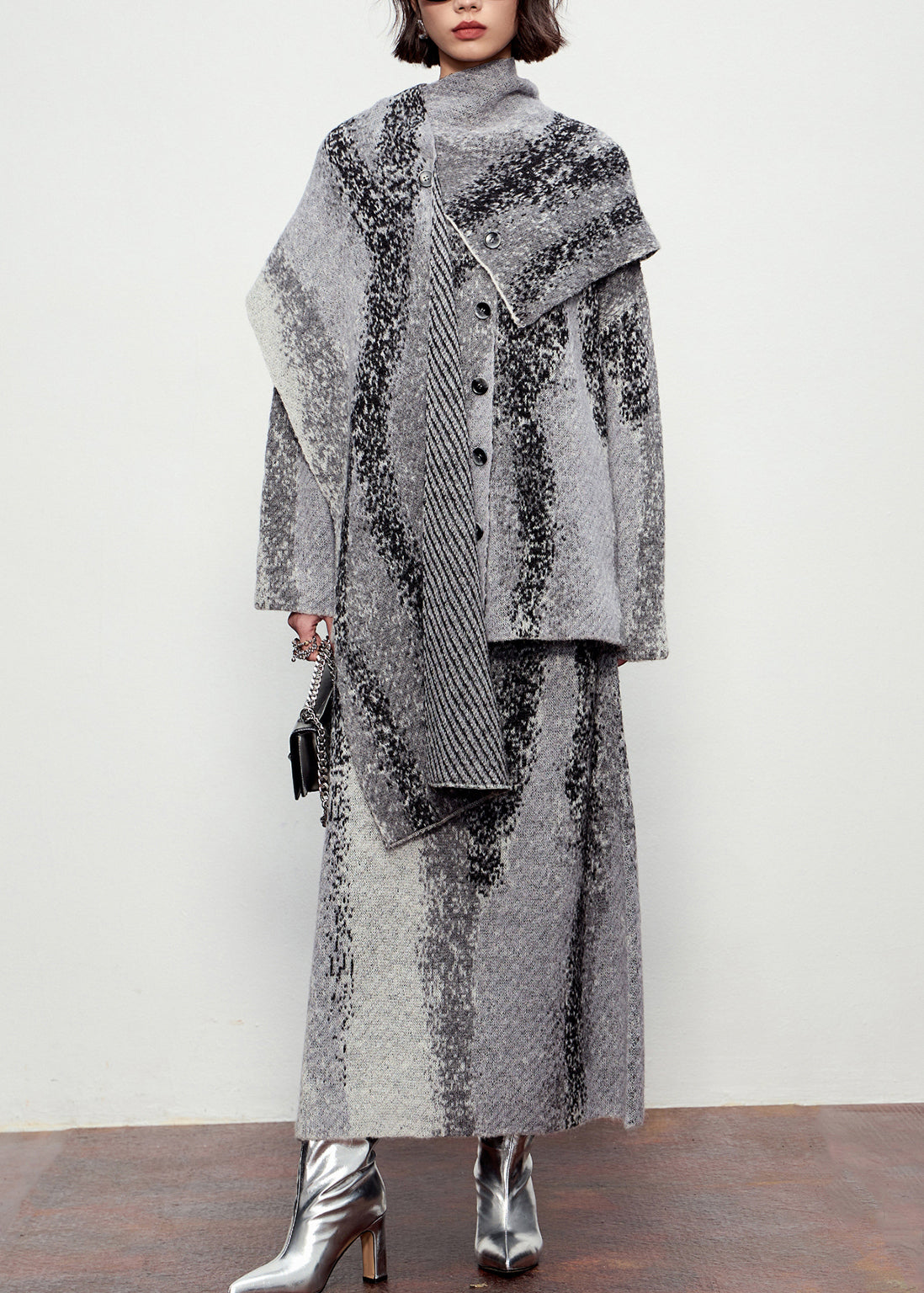 Natural Grey Button Cotton Knit Scarf,cardigans and Maxi Skirtsthree Pieces Set Winter