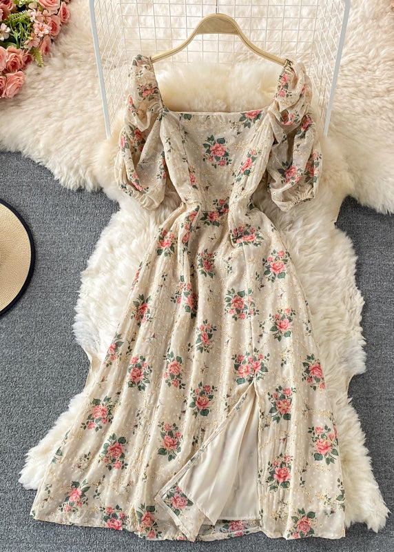 Apricot Square Collar Print Tunic Chiffon Maxi Dresses Short Sleeve