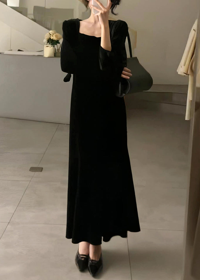 Slim Fit Black Square Collar Silk Velour Long Dresses Long Sleeve