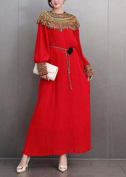 Red Patchwork Slim Party Long Dress Lantern Sleeve
