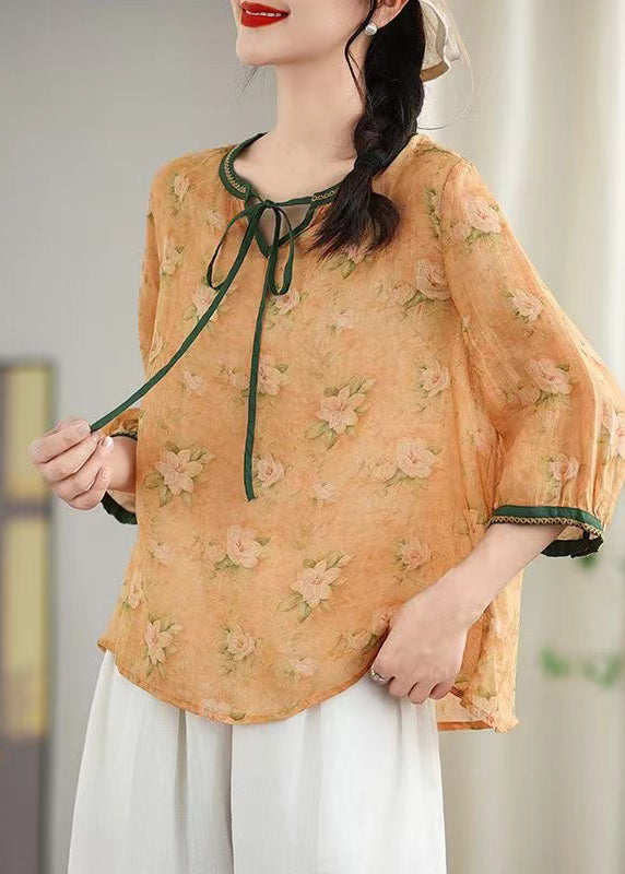 Khaki Print Lace Up Linen Blouses Spring