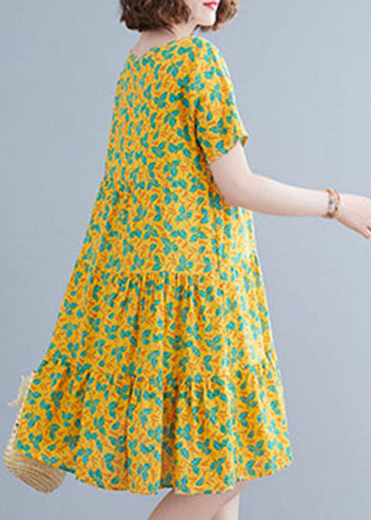 Yellow Print Patchwork Cotton Long Dresses O-neck Wrinkled Short Sleeve