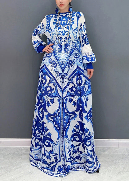Fall New Blue and White Porcelain Print Chiffon Pleated Long Dress