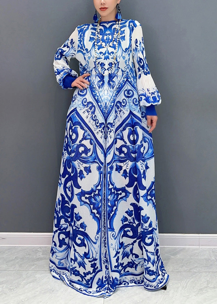 Fall New Blue and White Porcelain Print Chiffon Pleated Long Dress