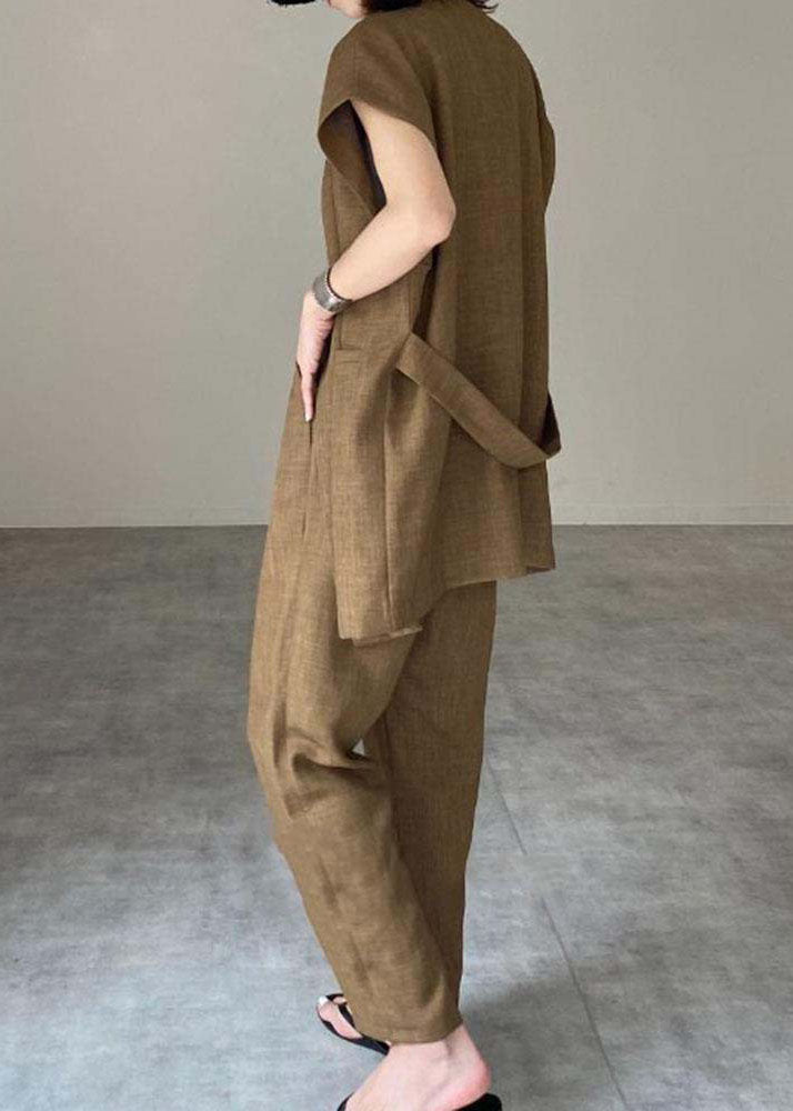Khaki O-neck Patchwork Vest and Pants Linen Two Pieces Set Spring