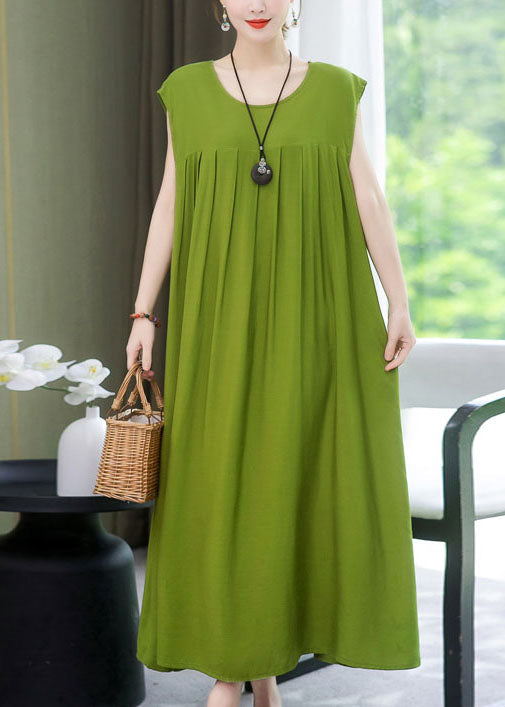 Green O Neck Wrinkled Patchwork Cotton Dress Summer