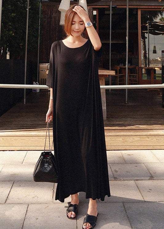 Black O-neck Cotton Ankle Dress Short Sleeve