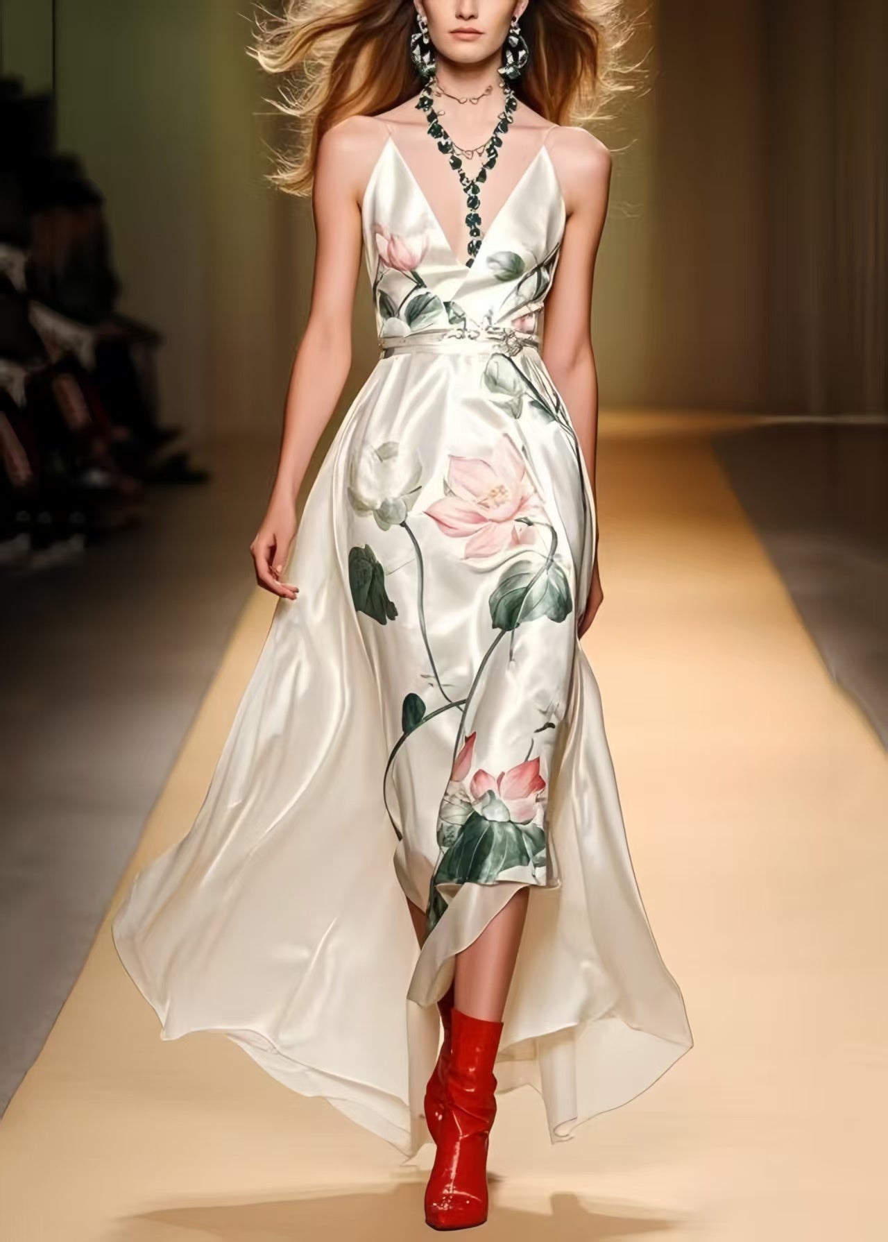 White Print Draping Silk Cami Dresses Summer