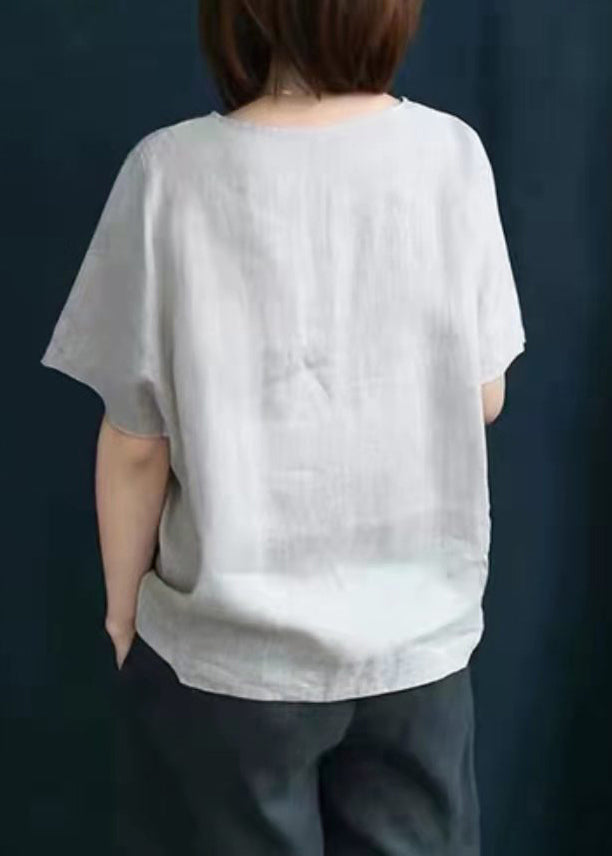 White O-neck Print Linen Blouse Tops Short Sleeve