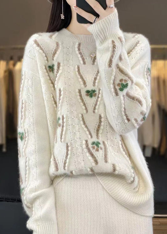 Beige O Neck Hollow Out Cozy Wool Sweaters Spring