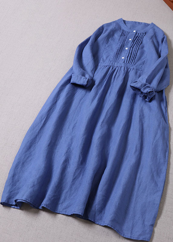 Blue Button Wrinkled Linen Dresses Long Sleeve