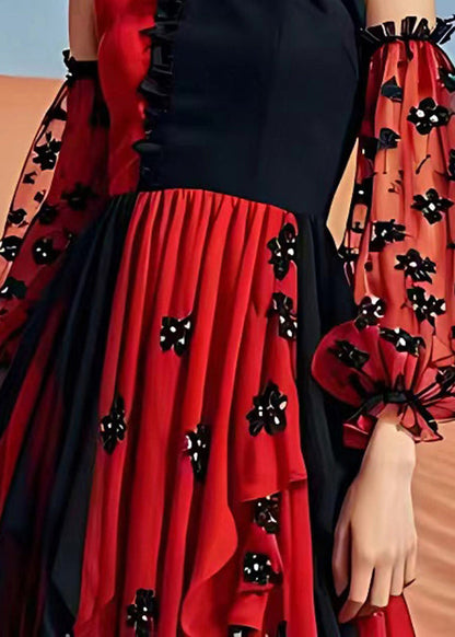 Red Cold Shoulder Print Patchwork Chiffon Maxi Dress Summer