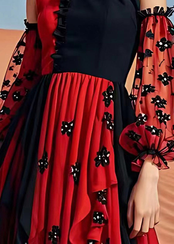 Red Cold Shoulder Print Patchwork Chiffon Maxi Dress Summer