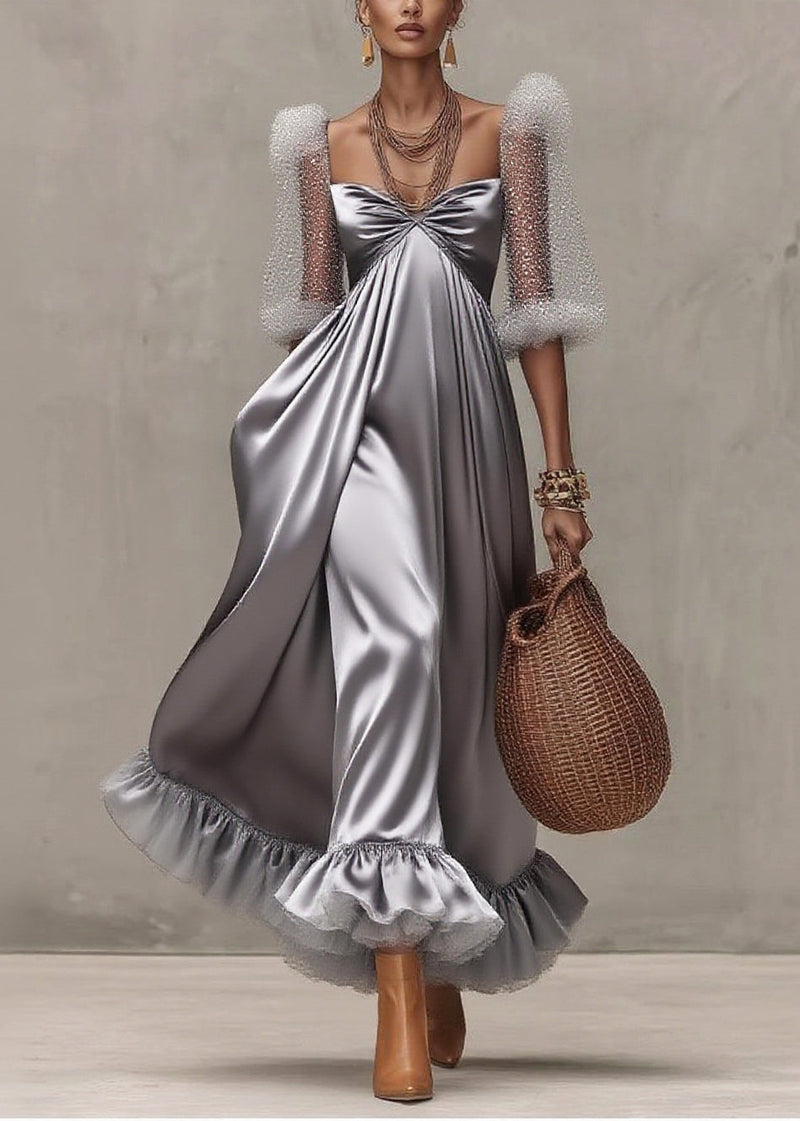 Grey Exra Large Hem Patchwork Tulle Evening Dress Puff Sleeve