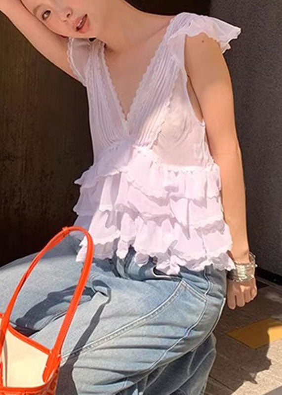 Grey V Neck Ruffled Lace Patchwork Chiffon Vest Summer