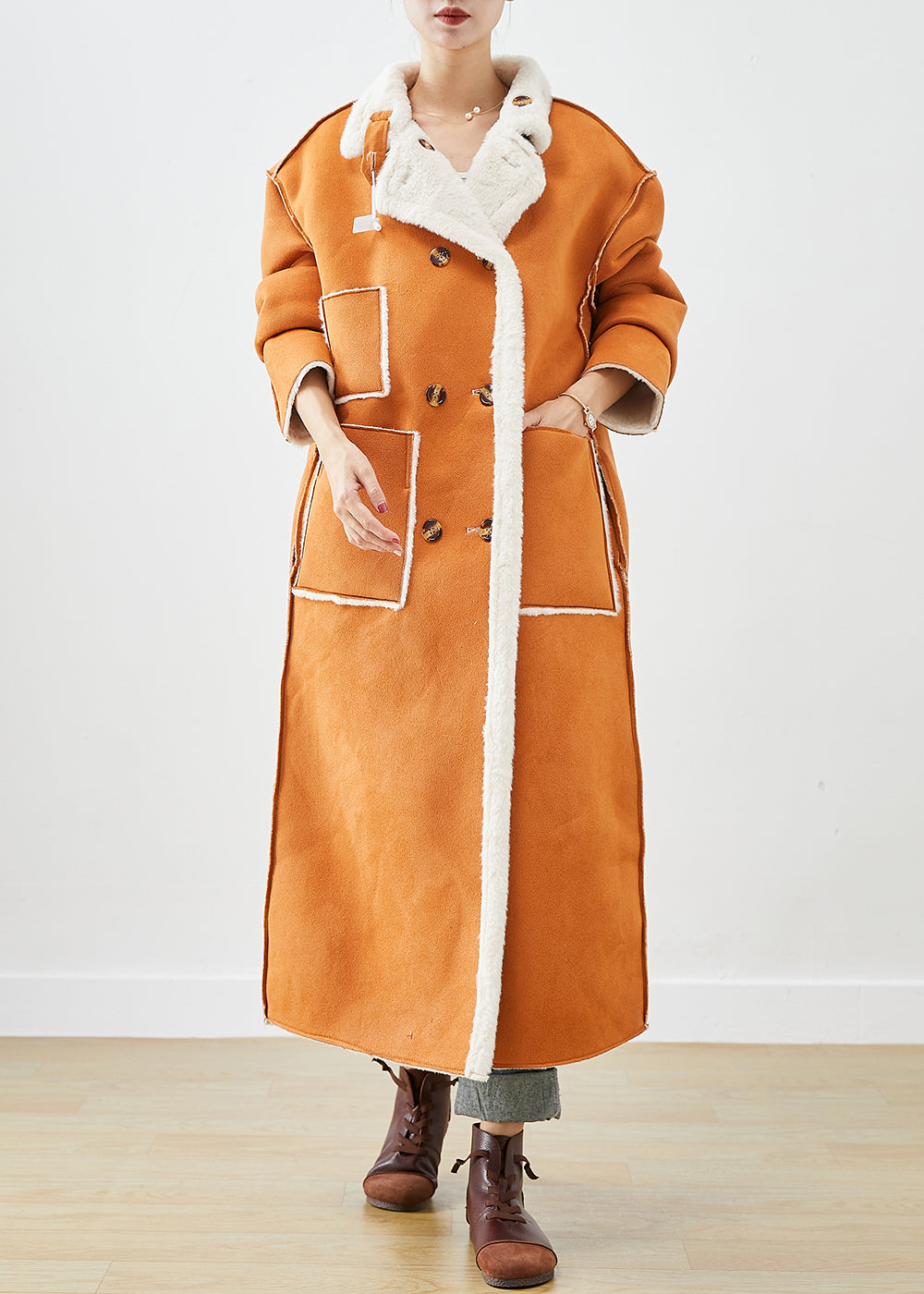 Modern Orange Double Breast Fuzzy Fur Fluffy Wear on Both Sides Coats Winter