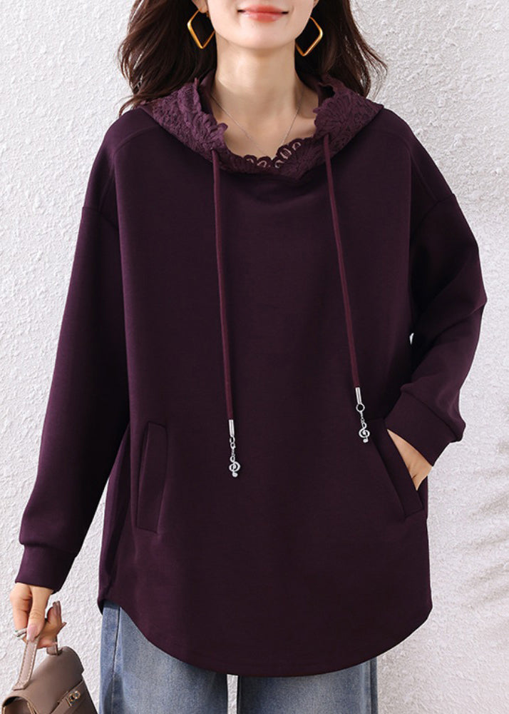 Purple Hooded Cotton Loose Sweatshirts Top Fall