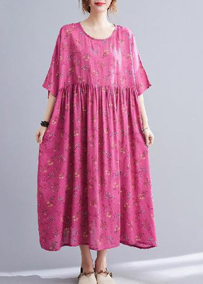 Rose Print Pockets Cotton Long Dresses Summer