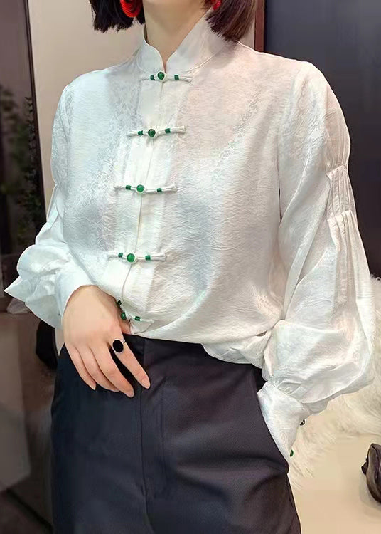 Chinese Style White Stand Collar Button Jacquard Silk Blouse Tops Lantern Sleeve