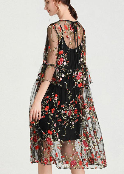 Black Embroidery Lace Dress Half Sleeve Sets 2 Pieces